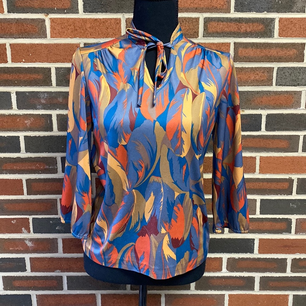 Vintage polyester feather print blouse